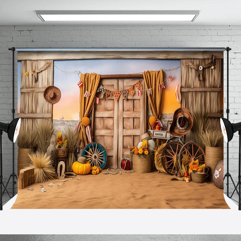 Aperturee - Rustic Wooden Door Pumpkin Photography Backdrop