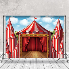 Aperturee - Circus Wood Stage Red Curtain Photo Backdrop