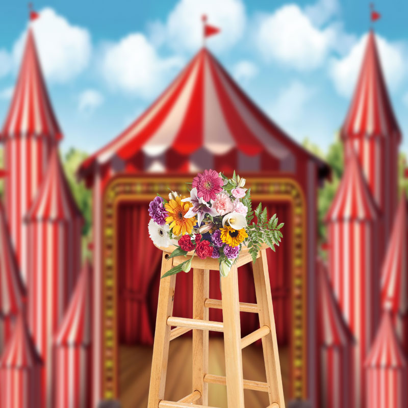 Aperturee - Circus Wood Stage Red Curtain Photo Backdrop