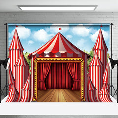 Aperturee - Circus Wood Stage Red Curtain Photo Backdrop