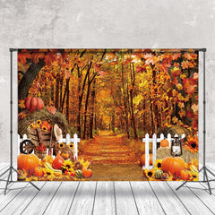 Aperturee - Fall Forest Fence Pumpkin Autumn Photo Backdrop