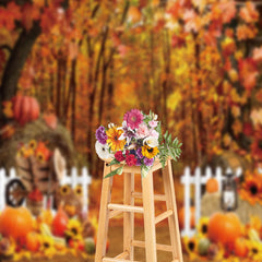 Aperturee - Fall Forest Fence Pumpkin Autumn Photo Backdrop