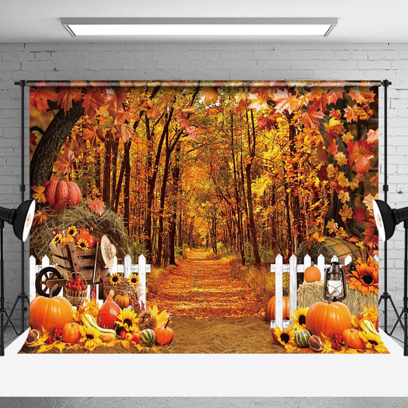 Aperturee - Fall Forest Fence Pumpkin Autumn Photo Backdrop