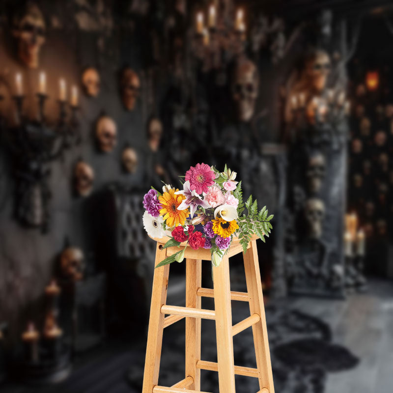 Aperturee - Skull Black Chair Candle Halloween Photo Backdrop