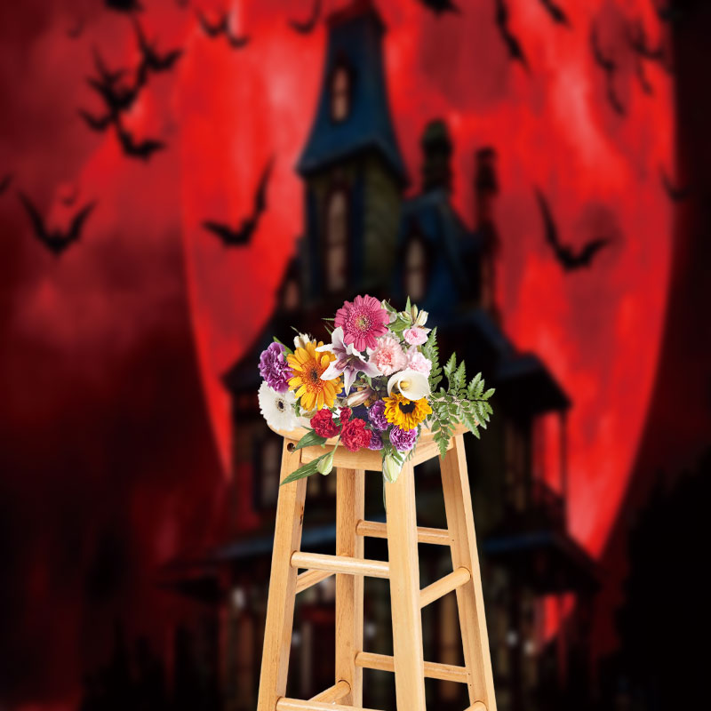 Aperturee - Bloody Moon Night Bats House Halloween Backdrop