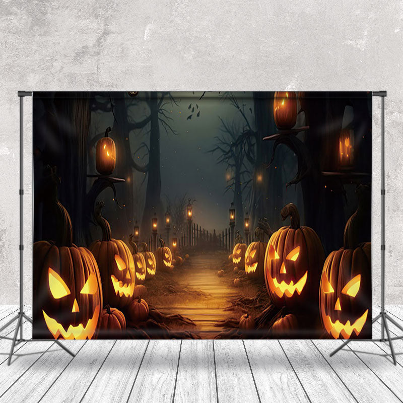 Aperturee - Pumpkin Lantern Scary Road Foggy Halloween Backdrop