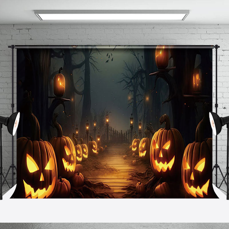 Aperturee - Pumpkin Lantern Scary Road Foggy Halloween Backdrop