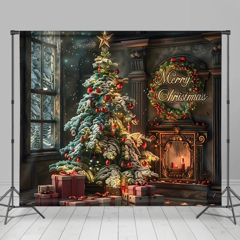 Aperturee - Aperturee Luxury Retro Fireplace Xmas Trees Christmas Backdrop