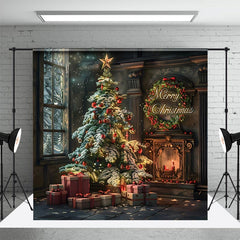 Aperturee - Aperturee Luxury Retro Fireplace Xmas Trees Christmas Backdrop