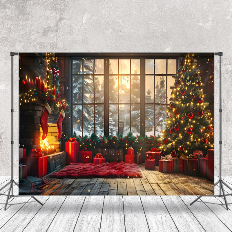 Aperturee - Aperturee Cozy Room Sunrise Snowy Window Christmas Backdrop