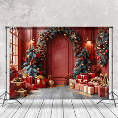 Aperturee - Aperturee Pine Leaves Arch Retro Red Room Christmas Backdrop