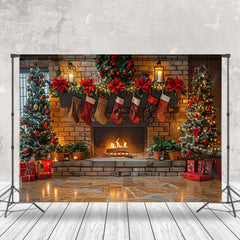 Aperturee - Aperturee Retro Brick Fireplace Candlelight Christmas Backdrop