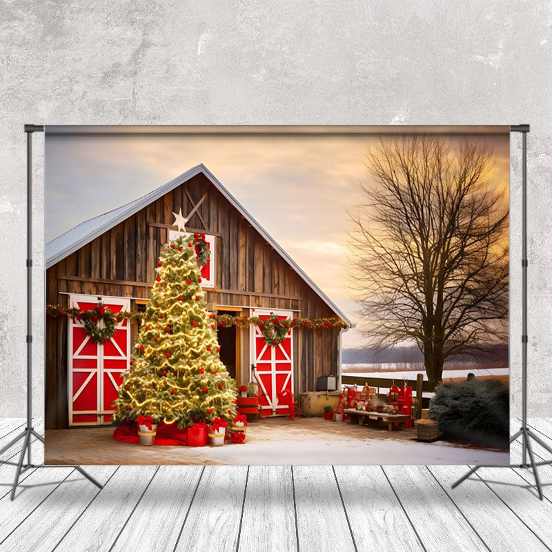 Aperturee - Aperturee Winter Sunset Barn Xmas Trees Christmas Backdrop