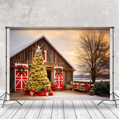 Aperturee - Aperturee Winter Sunset Barn Xmas Trees Christmas Backdrop