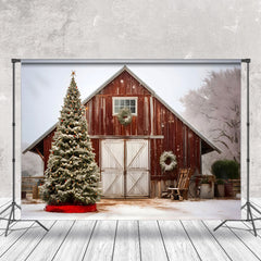 Aperturee - Aperturee Snowy Retro Barn Xmas Trees Christmas Vibe Backdrop