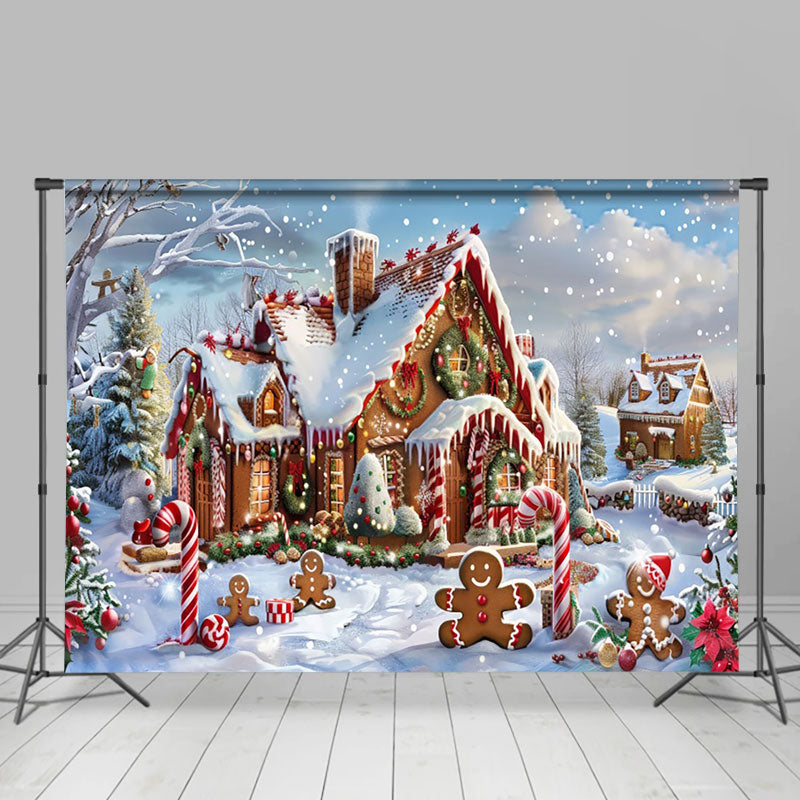 Aperturee - Aperturee Gingerbread House Candy Cane Snow Christmas Backdrop