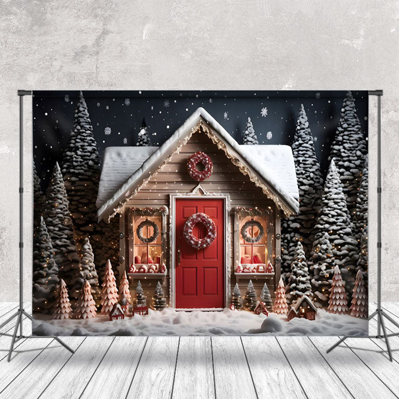 Aperturee - Aperturee Snowy Night Tree House Celebrates Christmas Backdrop