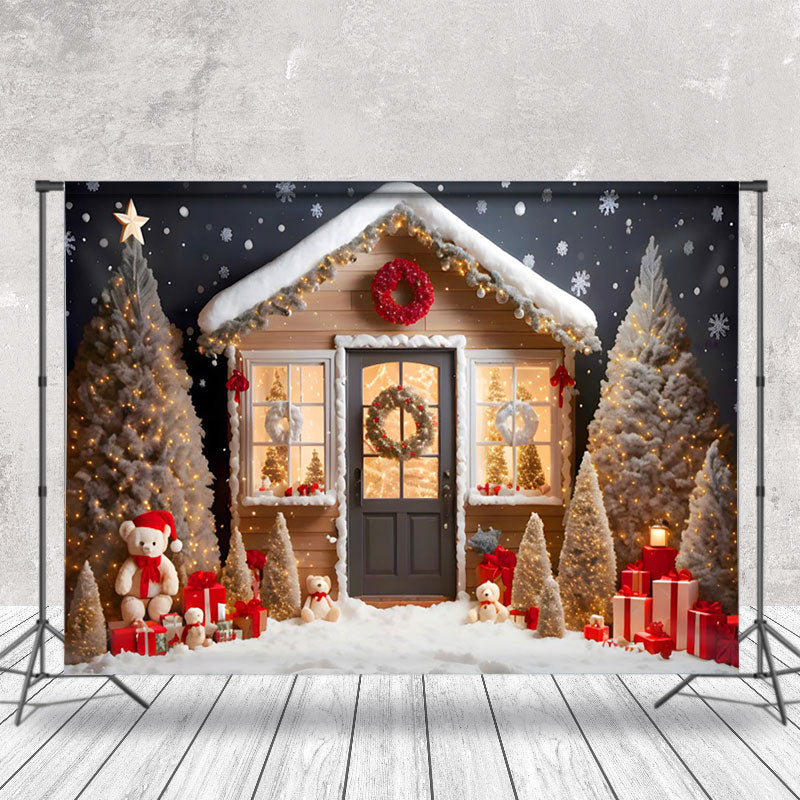 Aperturee - Aperturee Snowy House Trees Bear Gift Merry Christmas Backdrop