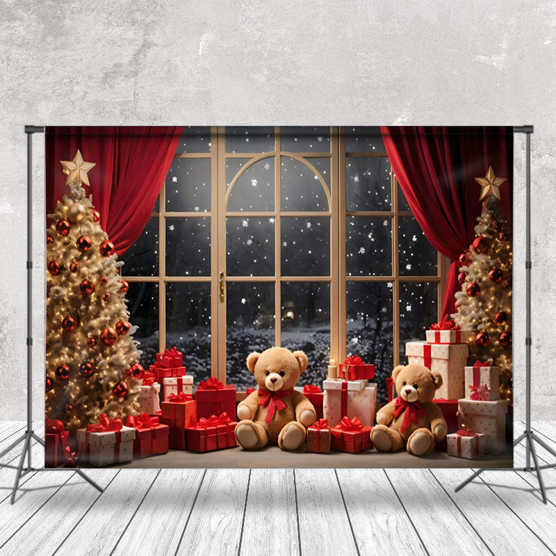 Aperturee - Aperturee Bears Gifts Snowy Window Scene Christmas Backdrop