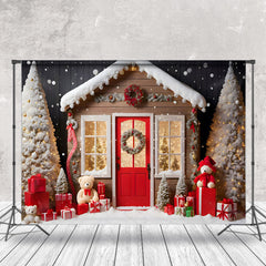 Aperturee - Aperturee Cute Wooden House Bear Xmas Tree Christmas Backdrop