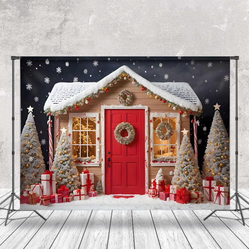 Aperturee - Aperturee Brown Red House Xmas Trees Snowy Christmas Backdrop