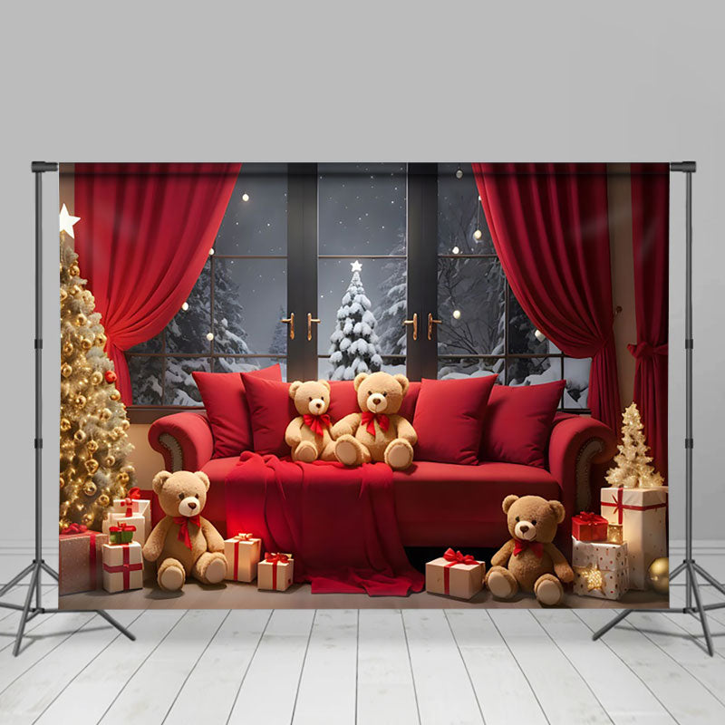 Aperturee - Aperturee Red Sofa Bears Snowy Window Scene Christmas Backdrop