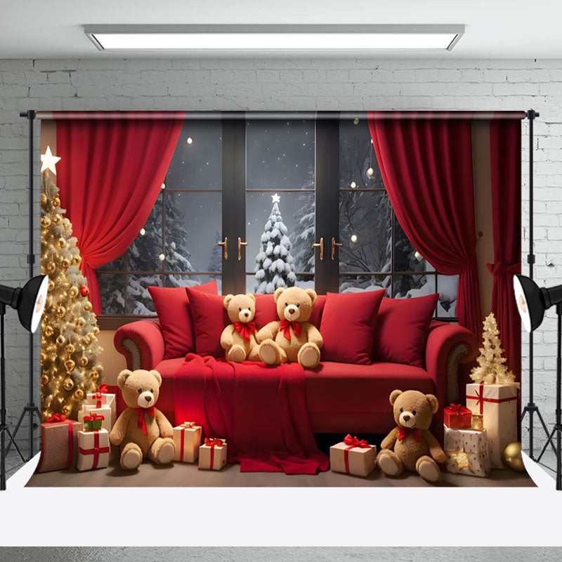 Aperturee - Aperturee Red Sofa Bears Snowy Window Scene Christmas Backdrop