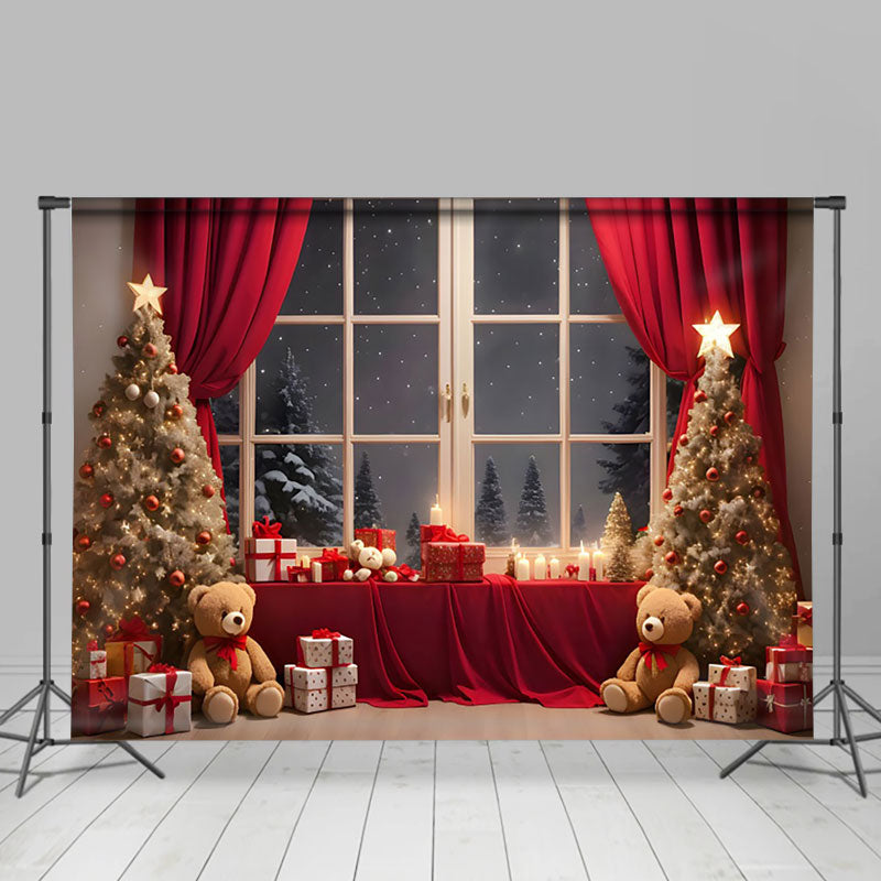 Aperturee - Aperturee Snowy Night Window Scene Bears Christmas Backdrop