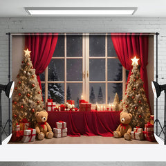 Aperturee - Aperturee Snowy Night Window Scene Bears Christmas Backdrop