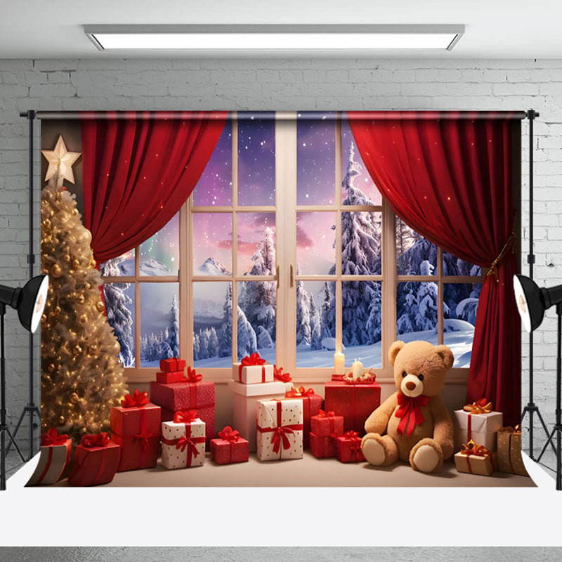 Aperturee - Aperturee Snowy Window Scene Curtain Gifts Christmas Backdrop