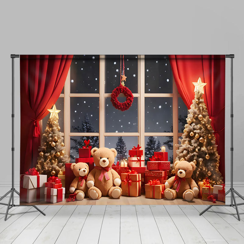 Aperturee - Aperturee Snowflake Bears Tree Window Scene Christmas Backdrop