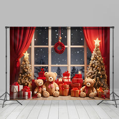 Aperturee - Aperturee Snowflake Bears Tree Window Scene Christmas Backdrop