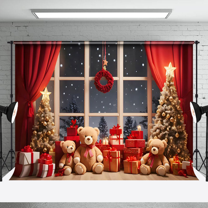 Aperturee - Aperturee Snowflake Bears Tree Window Scene Christmas Backdrop