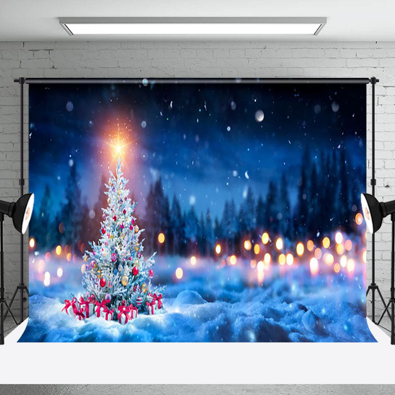 Aperturee - Aperturee Winter Night Bokeh Light Tree Snow Christmas Backdrop