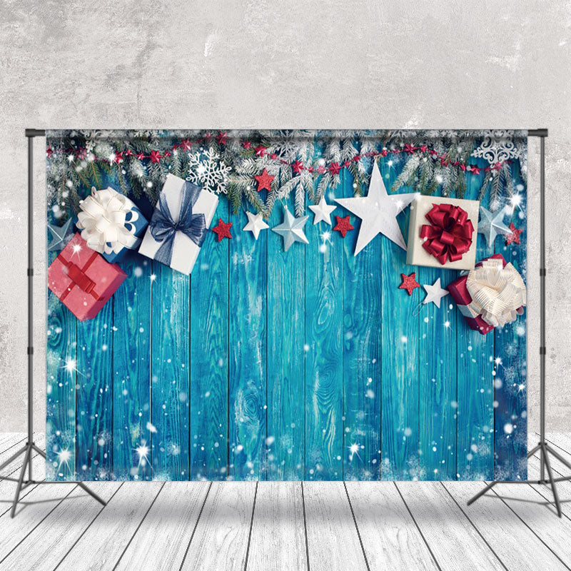 Aperturee - Aperturee Snowflakes Gift Boxes Blue Wood Christmas Backdrop