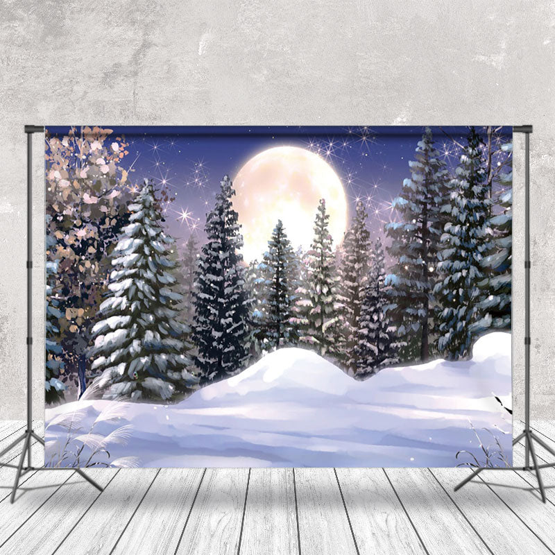 Aperturee - Aperturee Watercolor Snow Pine Forest Full Moon Winter Backdrop