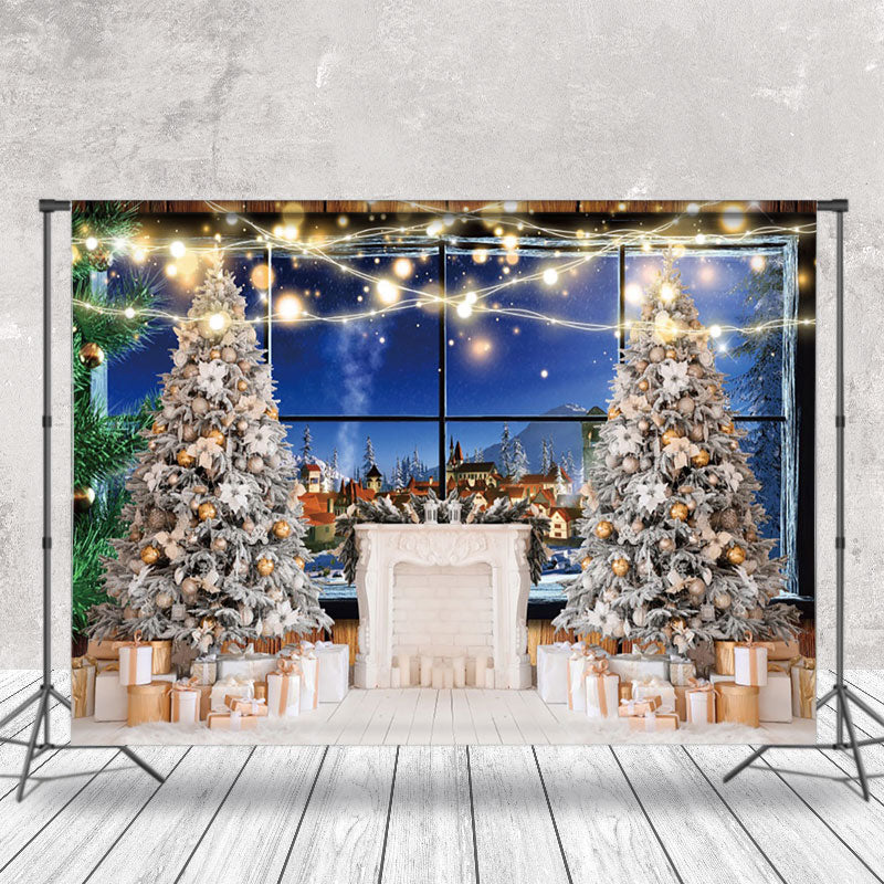 Aperturee - Aperturee Night Town Fireplace Tree Window Christmas Backdrop