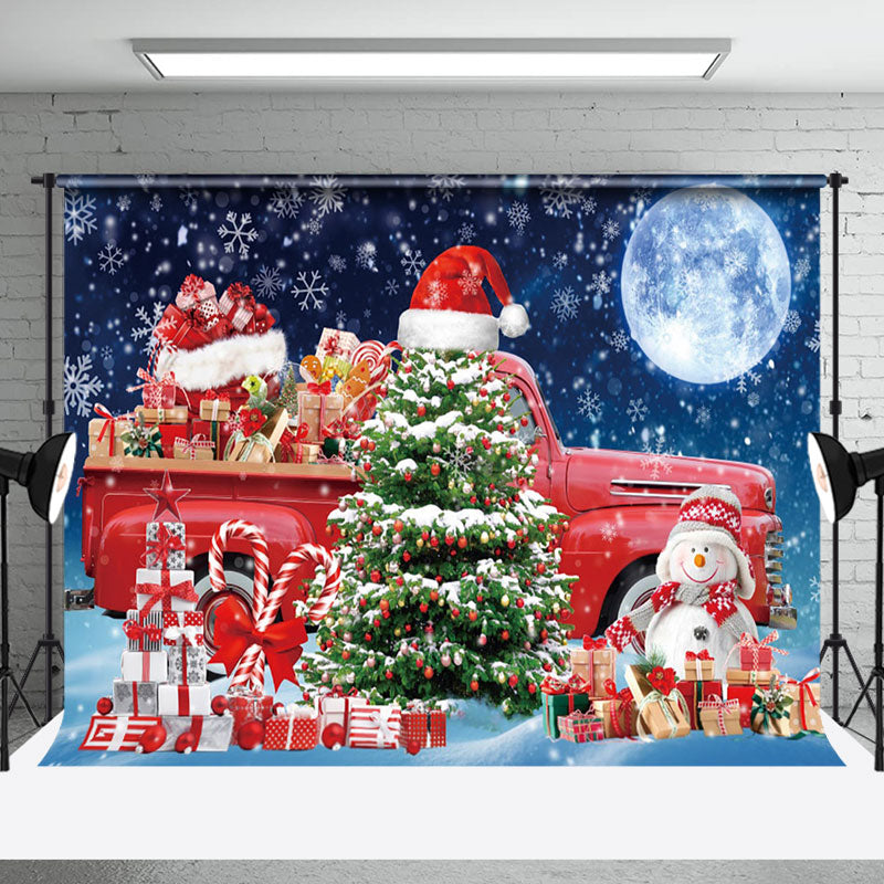 Aperturee - Aperturee Night Moon Red Gift Truck Tree Christmas Backdrop