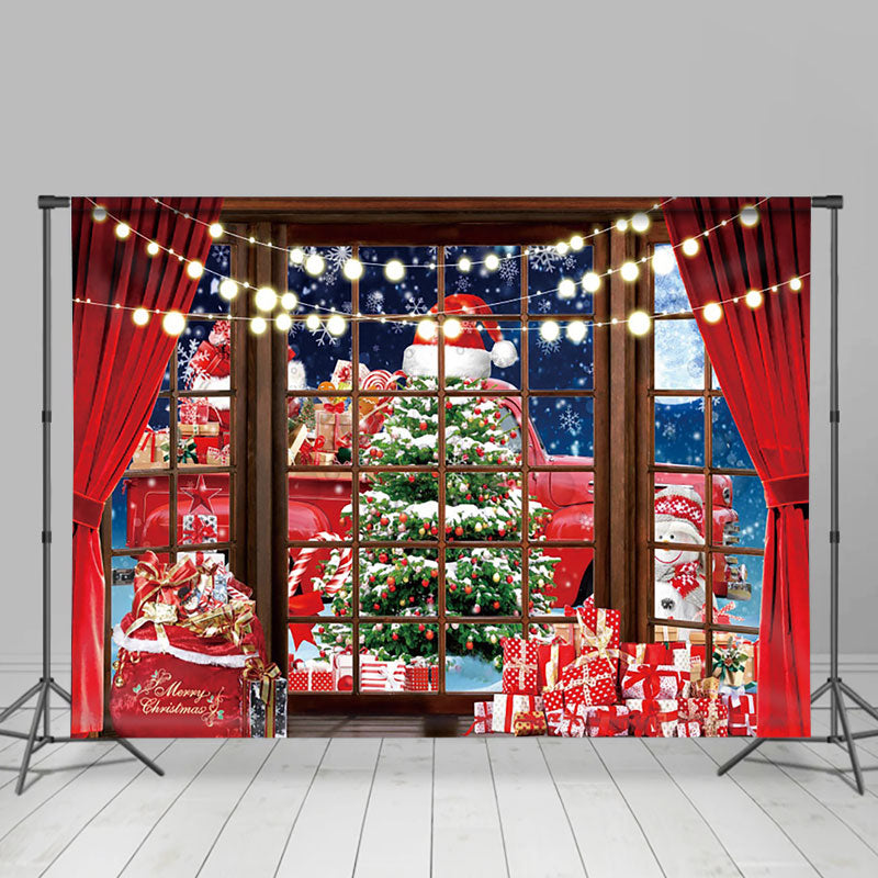 Aperturee - Aperturee Red Truck Tree Gift Boxes Window Christmas Backdrop