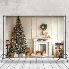 Aperturee - Aperturee White Wall Fireplace Pine Tree Christmas Backdrop