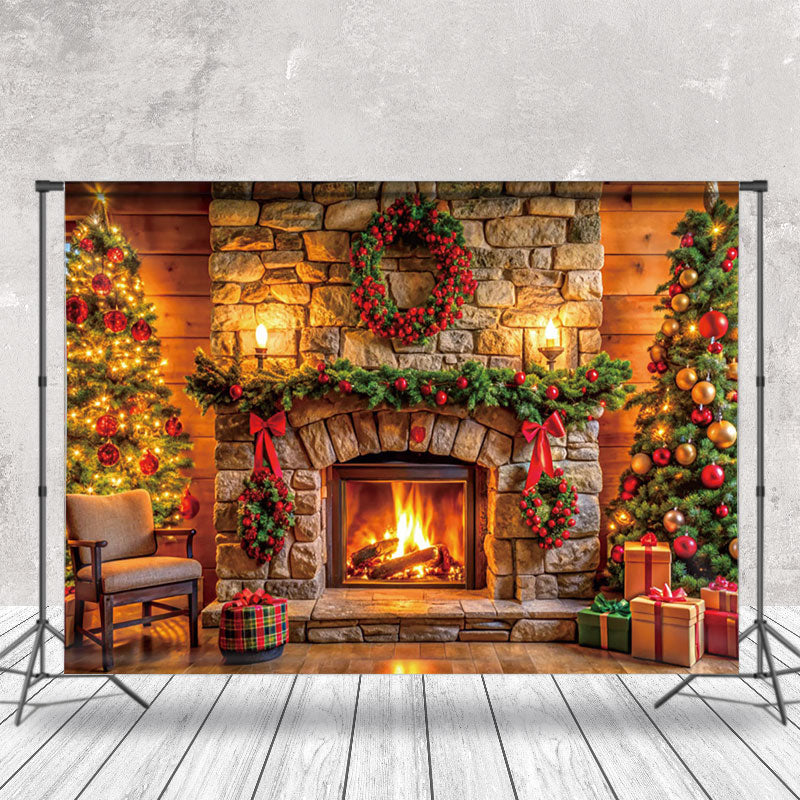 Aperturee - Aperturee Brick Fireplace Wreath Tree Gift Christmas Backdrop