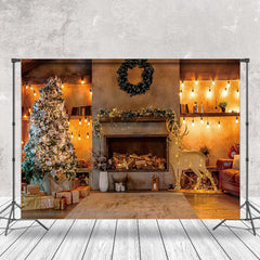 Aperturee - Aperturee Warm Light Retro Fireplace Christmas Tree Backdrop