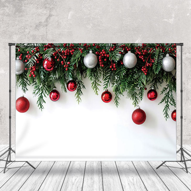 Aperturee - Aperturee Cherry Pine Leaves White Wall Christmas Backdrop