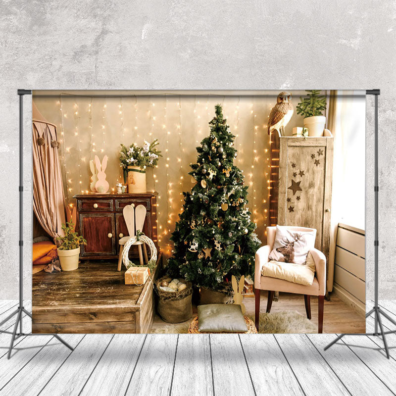 Aperturee - Aperturee Warm Living Room Cabinet Tree Owl Christmas Backdrop