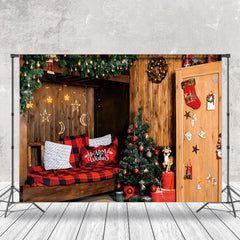 Aperturee - Aperturee Cabin Festive Wreath Wood Sofa Christmas Backdrop