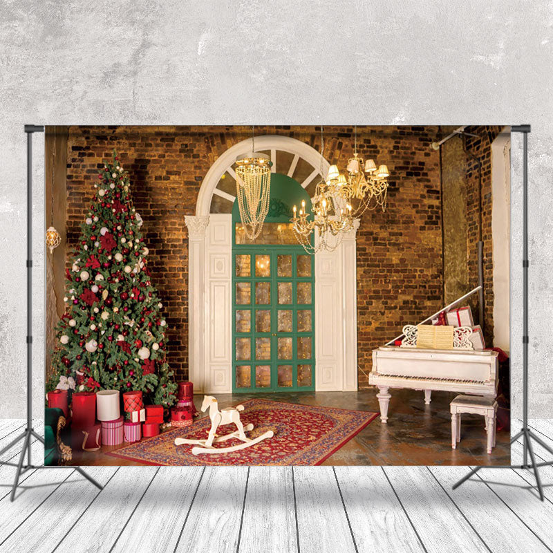 Aperturee - Aperturee Vintage Brick Wall Door Tree Piano Christmas Backdrop