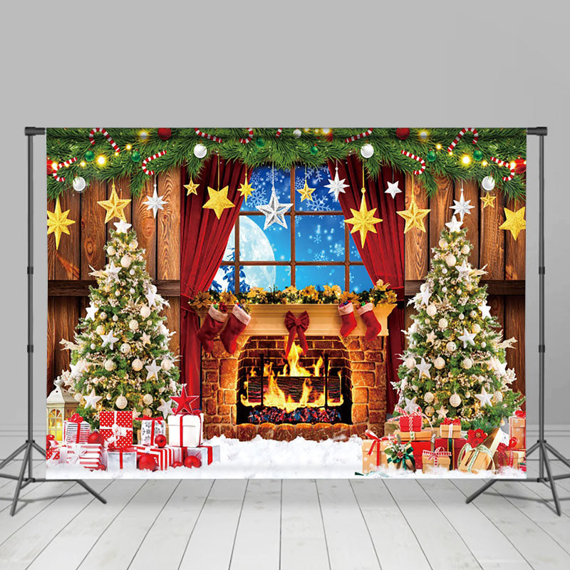 Aperturee - Aperturee Christmas Tree Window Star Night Fireplace Backdrop