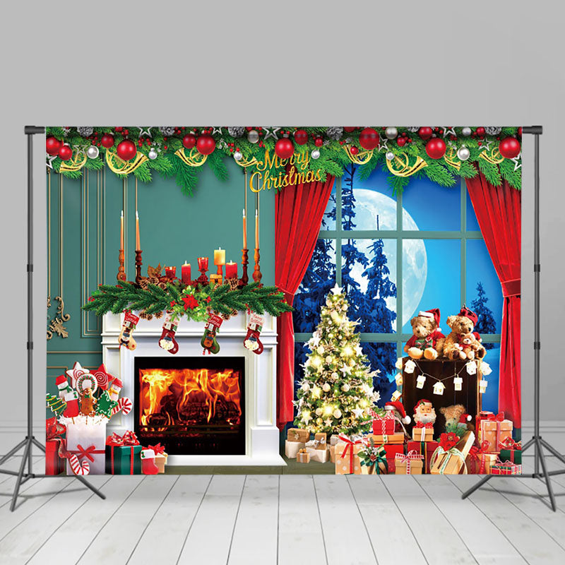 Aperturee - Aperturee Christmas Night Tree Fireplace Teddy Bear Backdrop