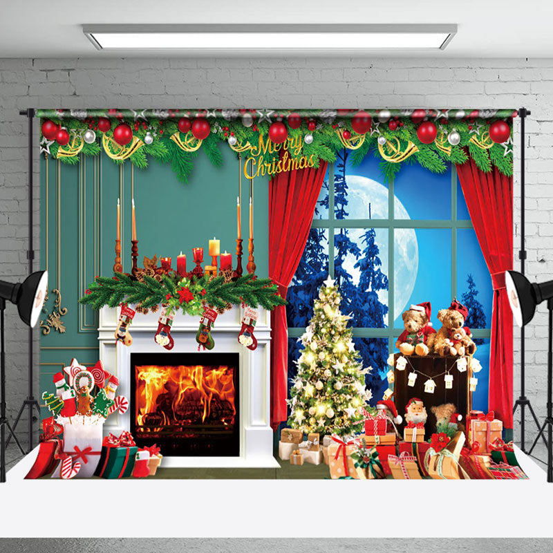 Aperturee - Aperturee Christmas Night Tree Fireplace Teddy Bear Backdrop