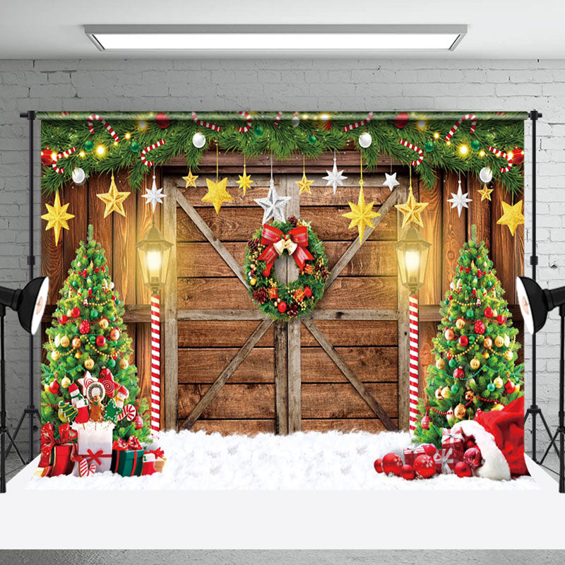 Aperturee - Aperturee Wreath Wood Door Christmas Tree Backdrop